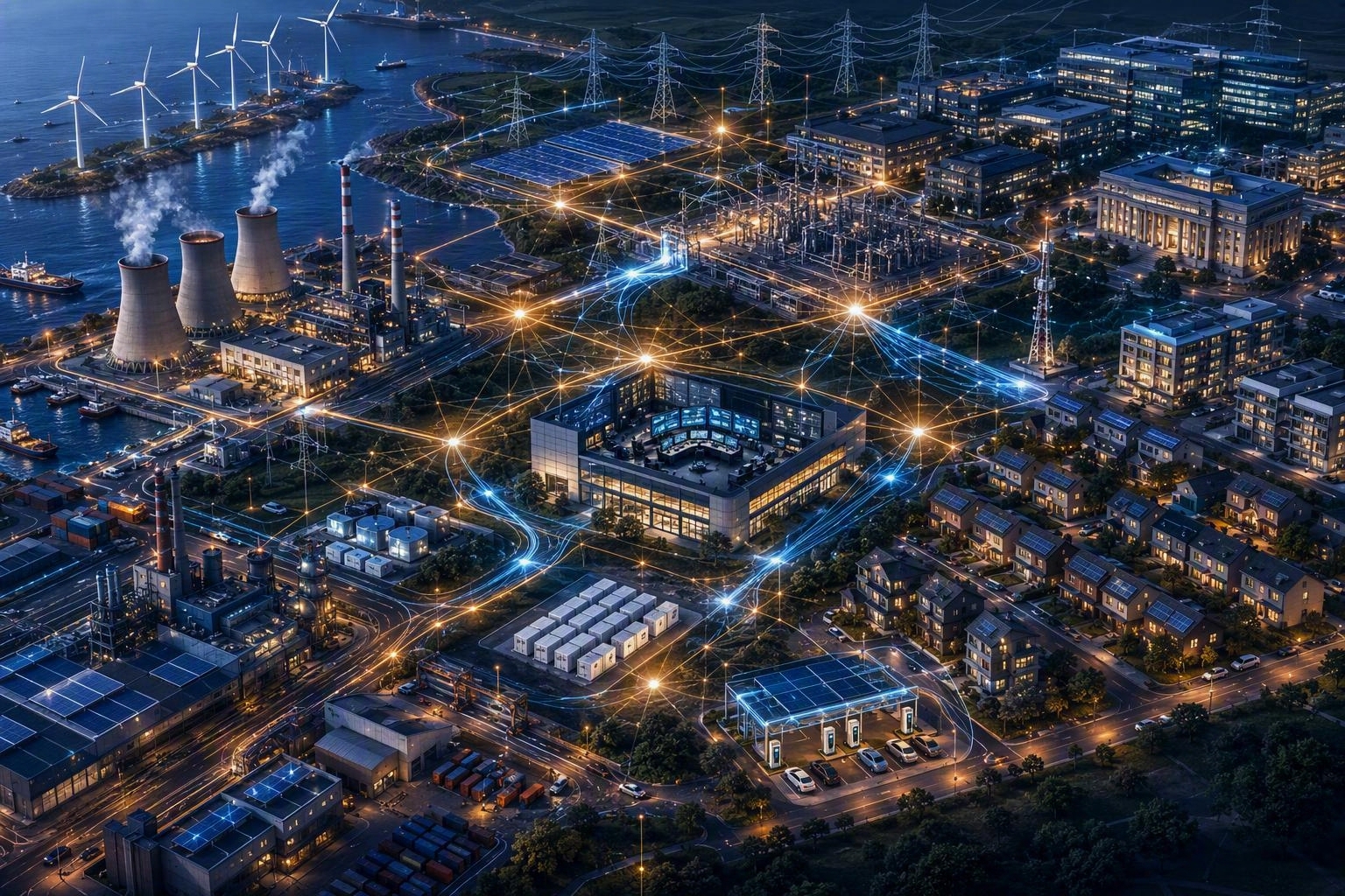 Aerial view of a modern city at night with interconnected energy infrastructure