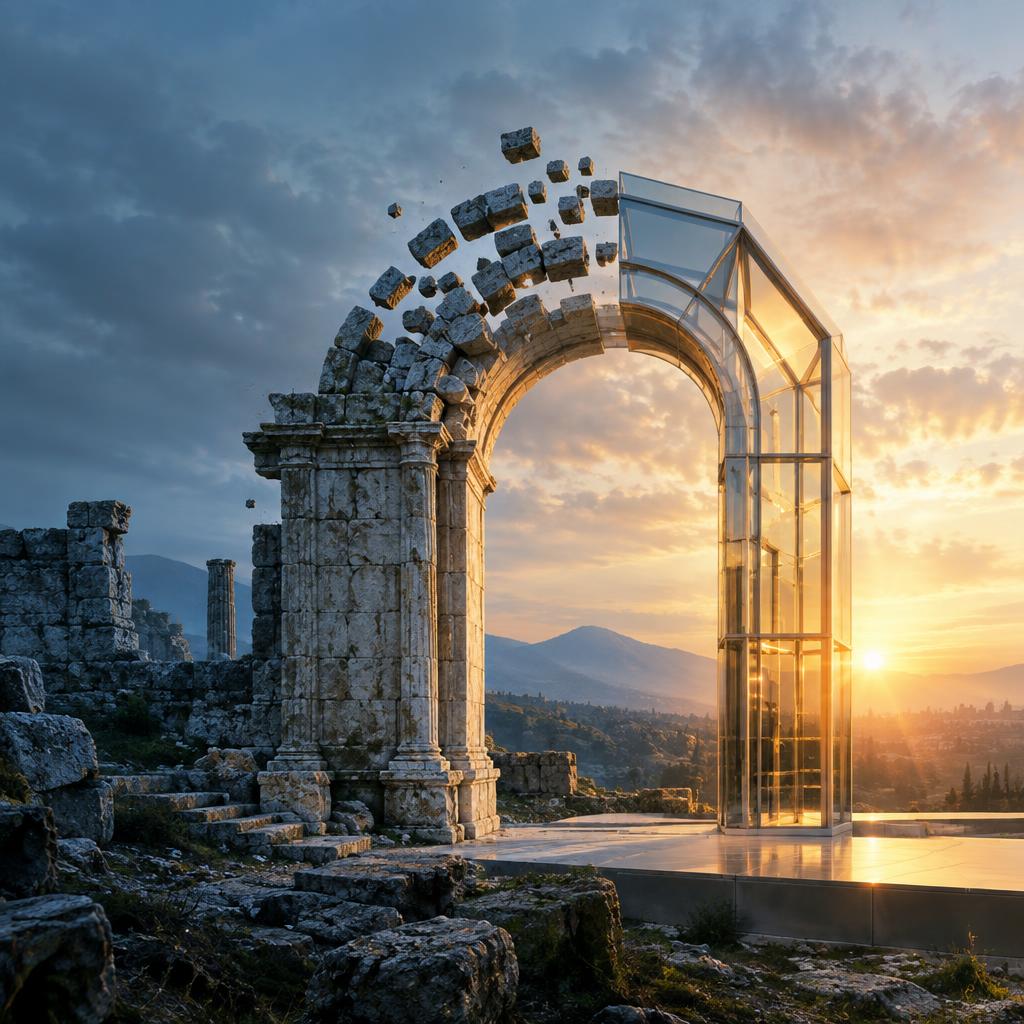 An ancient stone archway reassembling into a clean modern structure at dawn