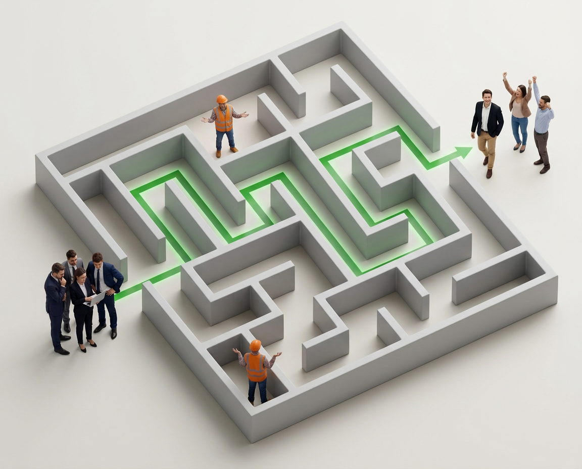 3D maze diorama: executives study a laptop at the entrance, engineers in hard hats stand stuck at two red dead-end paths, and a consultant strides out of the exit along the green path towards cheering customers