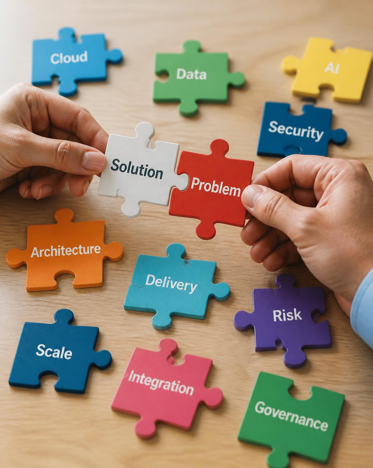 Hands connecting jigsaw pieces labelled Solution and Problem among scattered technology terms