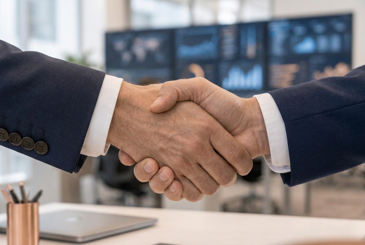 Business partners shaking hands in front of technology monitoring dashboards